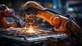 Industrial robot engaged in precise welding of spaceship components at a manufacturing facility