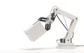 Industrial robot isolated on a white background. Robotic hand holds a white blank box. Conceptual creative image of artificial