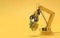 Industrial robot isolated on a yellow background. Robotic hand holds a bouquet of yellow roses. Conceptual creative image of