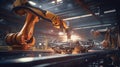 An industrial robot lifting and placing heavy aircraft parts onto the assembly line.Background