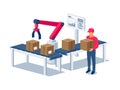 Industrial robot manipulating box on conveyor belt