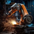 Industrial robot manipulator welds parts Royalty Free Stock Photo