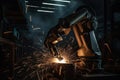 Industrial robot welding metal in factory. Industrial robot working in factory, A robot hand welding in a factory joins metal Royalty Free Stock Photo