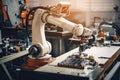 industrial robot on workbench with tools and parts for repair