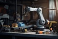 industrial robot on workbench with tools and parts for repair