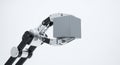 Industrial robotic arm with a gray metallic cube attached in a white background 3D rendering Royalty Free Stock Photo