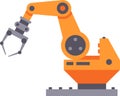 Industrial robotic arm with open claw preparing to pick up an object in modern automated factory setting, showcasing