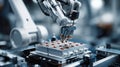 Industrial Robotic Arm Working on High-Precision Electronics Assembly Line in Modern Automated Factory, Advanced Technology Royalty Free Stock Photo