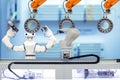 Industrial robotic and smart robot working with spherical roller bearing via gripping workpiece Royalty Free Stock Photo