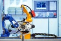 Industrial robotic teamwork working with auto part on smart factory concept Royalty Free Stock Photo