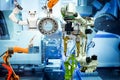 Industrial robotics teamwork working on smart factory concept Royalty Free Stock Photo