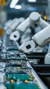 Industrial robots assembling electronics on a conveyor belt with precision and speed.