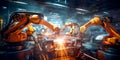 Industrial robots assembling and welding components on a production line. Generative Ai Royalty Free Stock Photo