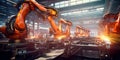 Industrial robots assembling and welding components on a production line. Generative Ai Royalty Free Stock Photo