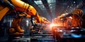 Industrial robots assembling and welding components on a production line. Generative Ai Royalty Free Stock Photo