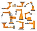 Industrial robots manipulators collection vector robotic illustration isolated on white. Robotized arm technology. Royalty Free Stock Photo