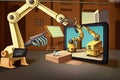Industrial robots are welding automotive part in factory, An illustrated storybook imitation in which everything is made of
