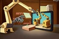 Industrial robots are welding automotive part in factory, An illustrated storybook imitation in which everything is made of