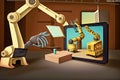 Industrial robots are welding automotive part in factory, An illustrated storybook imitation in which everything is made of