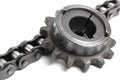 Roller chain and drive sprocket on a white background