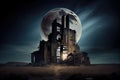 industrial ruin in desolate landscape, with moon and stars above Royalty Free Stock Photo