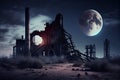 industrial ruin in desolate landscape, with moon and stars above Royalty Free Stock Photo