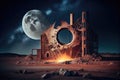 industrial ruin in desolate landscape, with moon and stars above