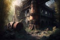 industrial ruin hiding a secret, with hints of hidden treasure or lost artifact