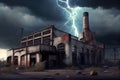 industrial ruin in the midst of a stormy sky, with lightning bolts striking