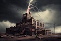 industrial ruin in the midst of a stormy sky, with lightning bolts striking