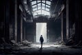 industrial ruin, with person walking through its broken and abandoned halls