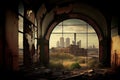 industrial ruin, with view of modern cityscape in the distance