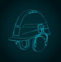 Industrial safety helmet with ear muffs isometric blueprint