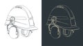 Industrial safety helmet with ear muffs isometric blueprints