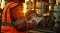Industrial safety inspector in high-visibility jacket writes on clipboard at sunset, ensuring workplace safety Royalty Free Stock Photo
