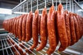 Industrial sausage process: rows of delicious delights