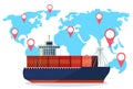 Industrial sea freight ship cargo logistics container world map geo tag navigation import export water delivery Royalty Free Stock Photo