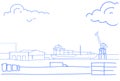 Industrial sea port cargo freight ship crane water delivery transportation concept warehouse shipping dock sketch doodle