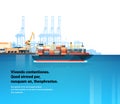 Industrial sea port cargo logistics container freight ship import export crane water delivery transportation concept