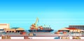 Industrial sea port cargo logistics container import export freight ship crane water delivery transportation concept