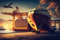 Industrial sea port cargo logistics container import export freight ship crane water delivery transportation concept Royalty Free Stock Photo