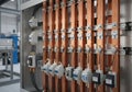 Industrial setting with a close-up of an electrical panel featuring copper busbars and circuit Royalty Free Stock Photo