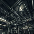 Industrial setting featuring a complex network of metallic pipes running across the Royalty Free Stock Photo