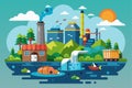 An industrial setting shows pollution impacting a river, with factories, trees, and wildlife visible, Water pollution Customizable Royalty Free Stock Photo