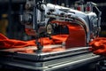Industrial sewing machine with orange fabric - Ai Generated Royalty Free Stock Photo
