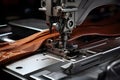 Industrial sewing machine with orange fabric - Ai Generated Royalty Free Stock Photo