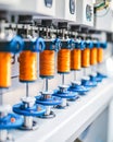Industrial sewing machine spools with orange thread in a textile manufacturing facility Royalty Free Stock Photo