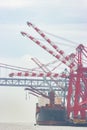 An industrial ship stands at the sea port with cranes Royalty Free Stock Photo