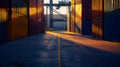 Industrial Shipping Containers in Warm Sunset Light at a Busy Port Royalty Free Stock Photo