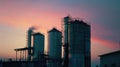 Industrial silos against twilight sky with pollution emission Royalty Free Stock Photo